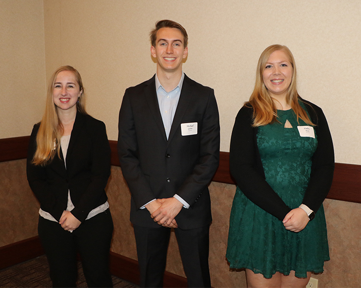 Student speakers at the CBE Scholarships and Awards Banquet (left to right): Abigail Koep (Chemical Engineering Graduate Student Organization), Michael Galvin (American Institute of Chemical Engineers) and Hailey Bates (Omega Chi Epsilon Chemical Engineering Honor Society).