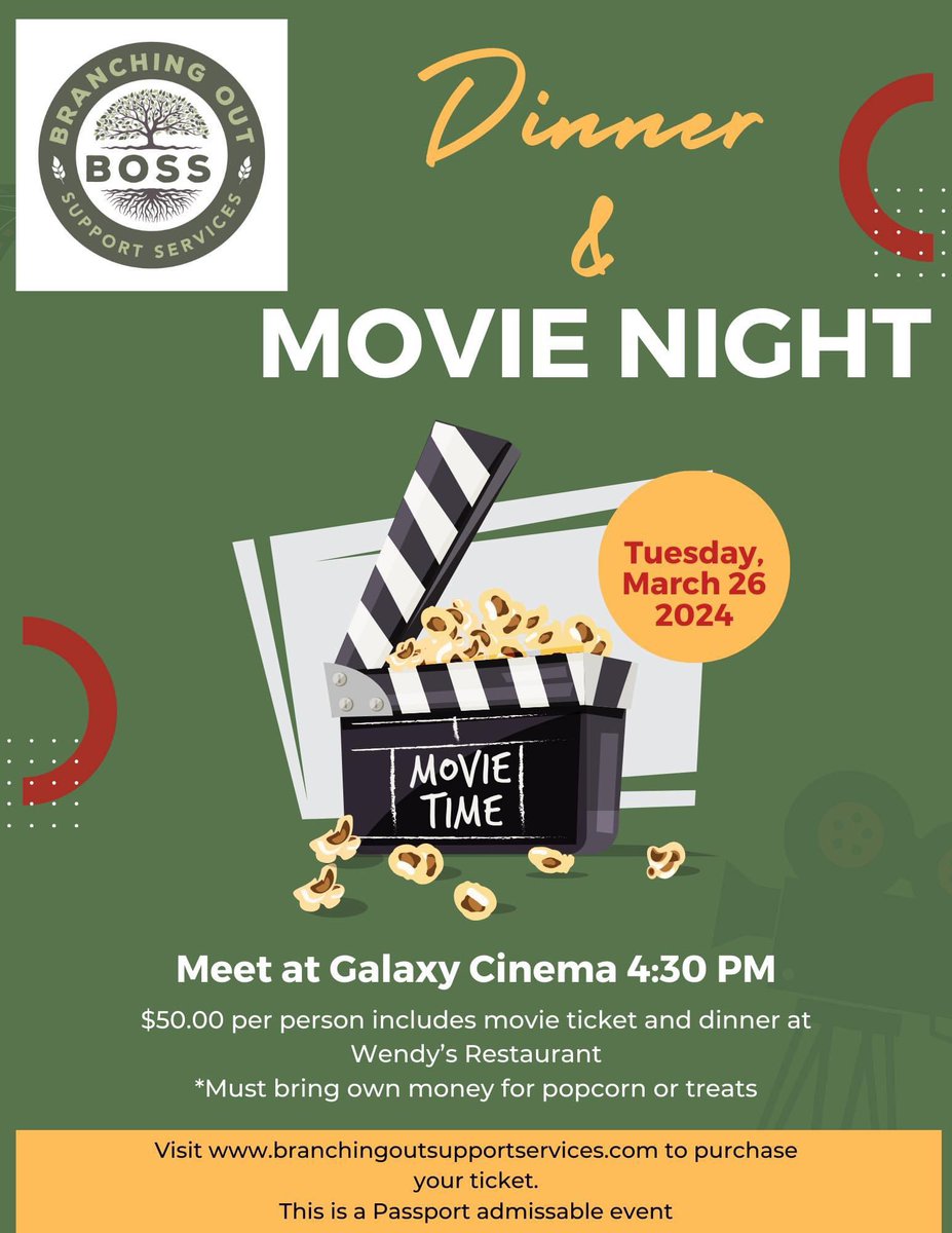 TOMORROW!!!
Dinner & Movie Night - Tuesday March 26th, 2024
Meet at Galaxy Cinema 4:30pm
$50 per person includes a movie ticket and dinner at Wendy's Restaurant.
Learn more / register now:
branchingoutsupportservices.ca/events/
#Orangeville #DufferinCounty  #BOSSevents #Dinner #Movie
