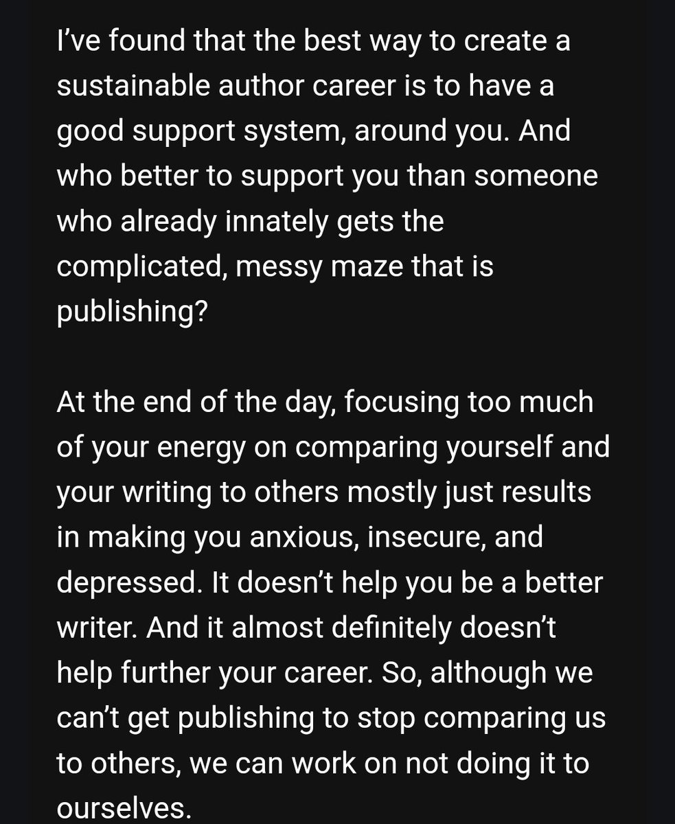 My latest newsletter went out today and I answered a reader question about comparison in publishing. My big takeaway: focusing too much of your energy on comparing yourself and your writing to others mostly just results in making you anxious, insecure, and depressed. #writertip