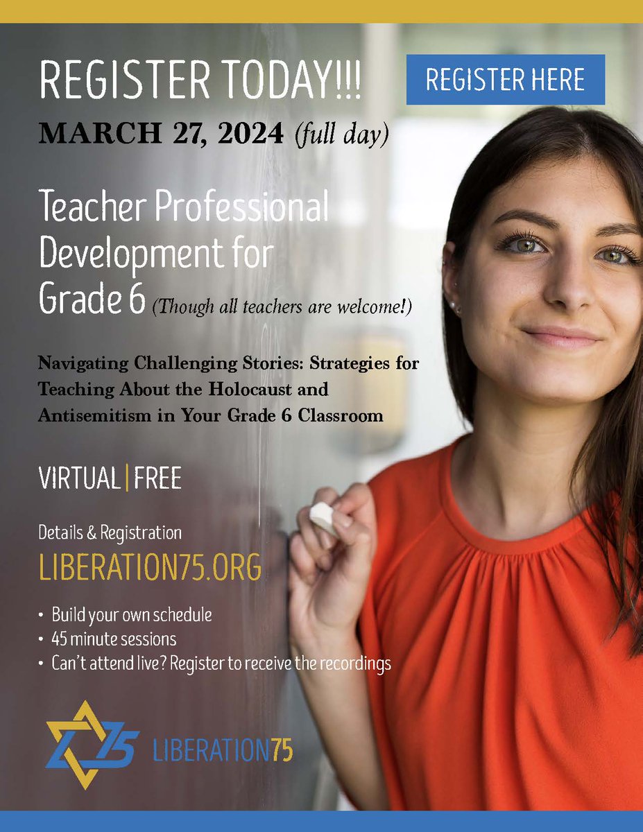 Looking for resources for how to teach and discuss the Holocaust and anti-semitism in your classrooms? Look no further. Liberation75 is hosting teacher professional development on March 27th! Register today. 

ow.ly/pGZr50R1loO