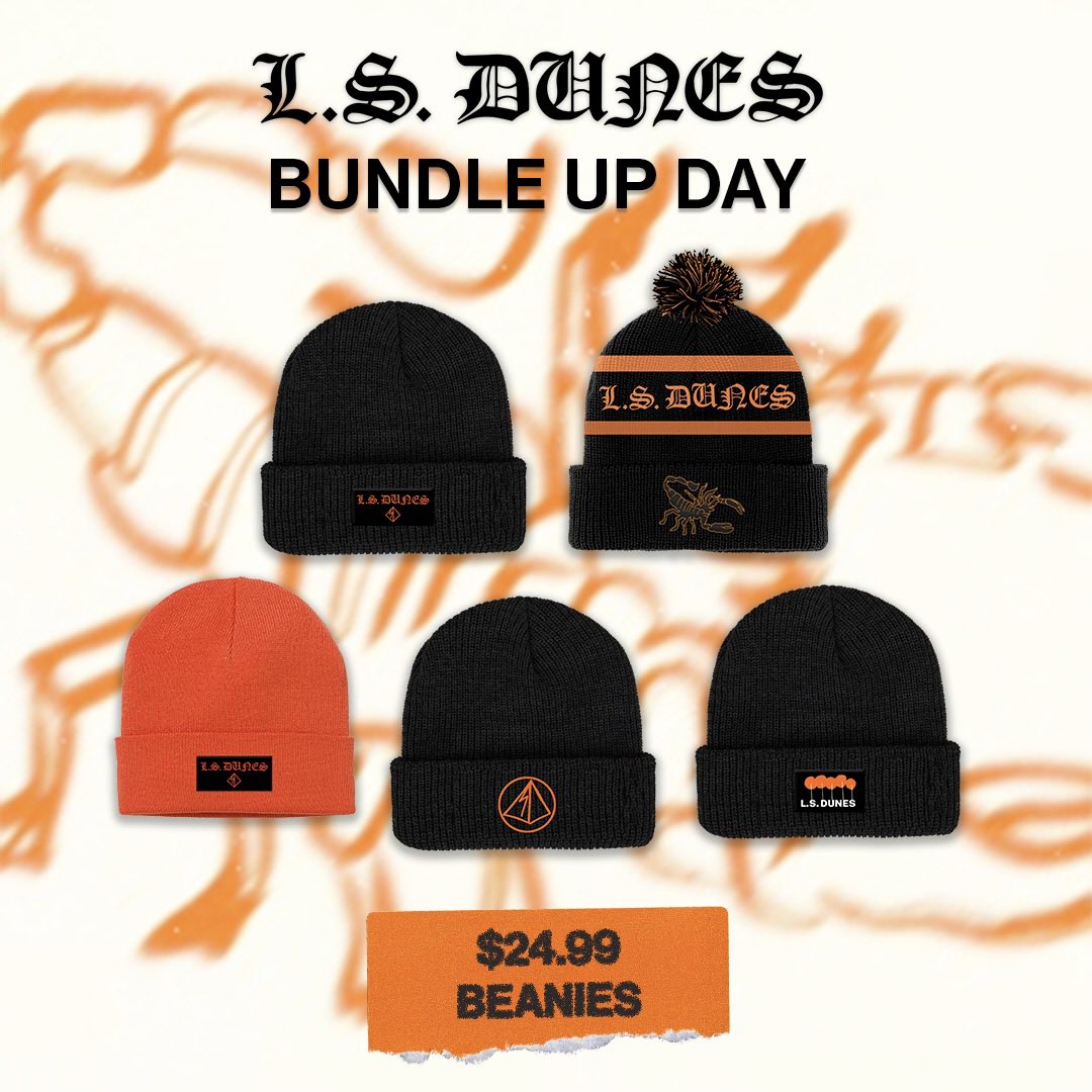 Week 2 of our merch sale starts now! First up is today’s sale - $5 off all Beanies lsdunes.store **stock varies per territory**