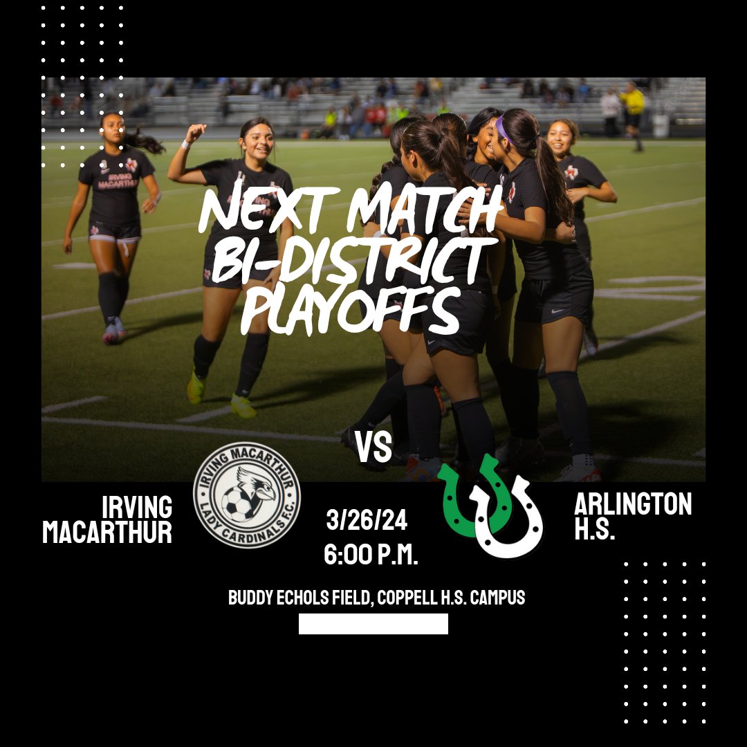 MacArthur Girls Soccer (@irvmacgsoccer) on Twitter photo MAC SOC: Bi-District Playoffs are up on Tuesday vs Arlington HS. Good luck to both teams. <a href="/MacArthurCards/">MacArthur HS</a> <a href="/IISDAthletics/">Irving ISD Athletics</a> <a href="/IrvingISD/">Irving ISD</a> <a href="/DFW_Girls_HS_VS/">DFW Girls HS Varsity Soccer</a> <a href="/tascosoccer/">TASCO</a> <a href="/THSCAcoaches/">THSCA</a> <a href="/LethalSoccer/">Coach Duque</a> <a href="/50_50Pod/">The 50/50 Podcast ⚽️🎙</a> MAC SOC: Bi-District Playoffs are up on Tuesday vs Arlington HS. Good luck to both teams. <a href="/MacArthurCards/">MacArthur HS</a> <a href="/IISDAthletics/">Irving ISD Athletics</a> <a href="/IrvingISD/">Irving ISD</a> <a href="/DFW_Girls_HS_VS/">DFW Girls HS Varsity Soccer</a> <a href="/tascosoccer/">TASCO</a> <a href="/THSCAcoaches/">THSCA</a> <a href="/LethalSoccer/">Coach Duque</a> <a href="/50_50Pod/">The 50/50 Podcast ⚽️🎙</a>