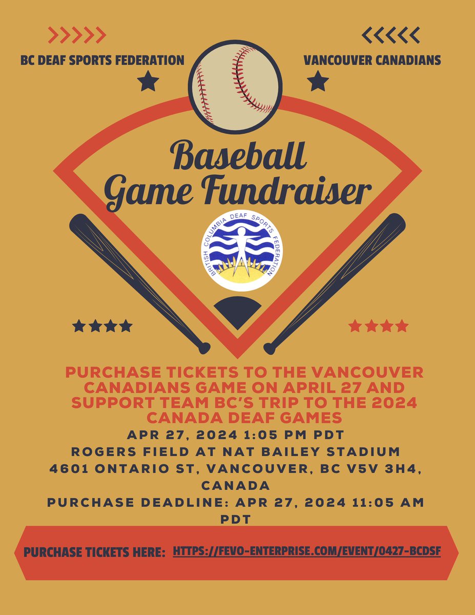 BCDeafSports's tweet photo. What's better than a day at the ballpark? Knowing you're also supporting Team BC! Purchase tickets for the Vancouver Canadians April 27th game, and partial ticket proceeds go towards Team BC at the 2024 Canada Deaf Games.
Purchase your tickets here: https://t.co/oy0xy9i0IM https://t.co/lWG5r5zcbg