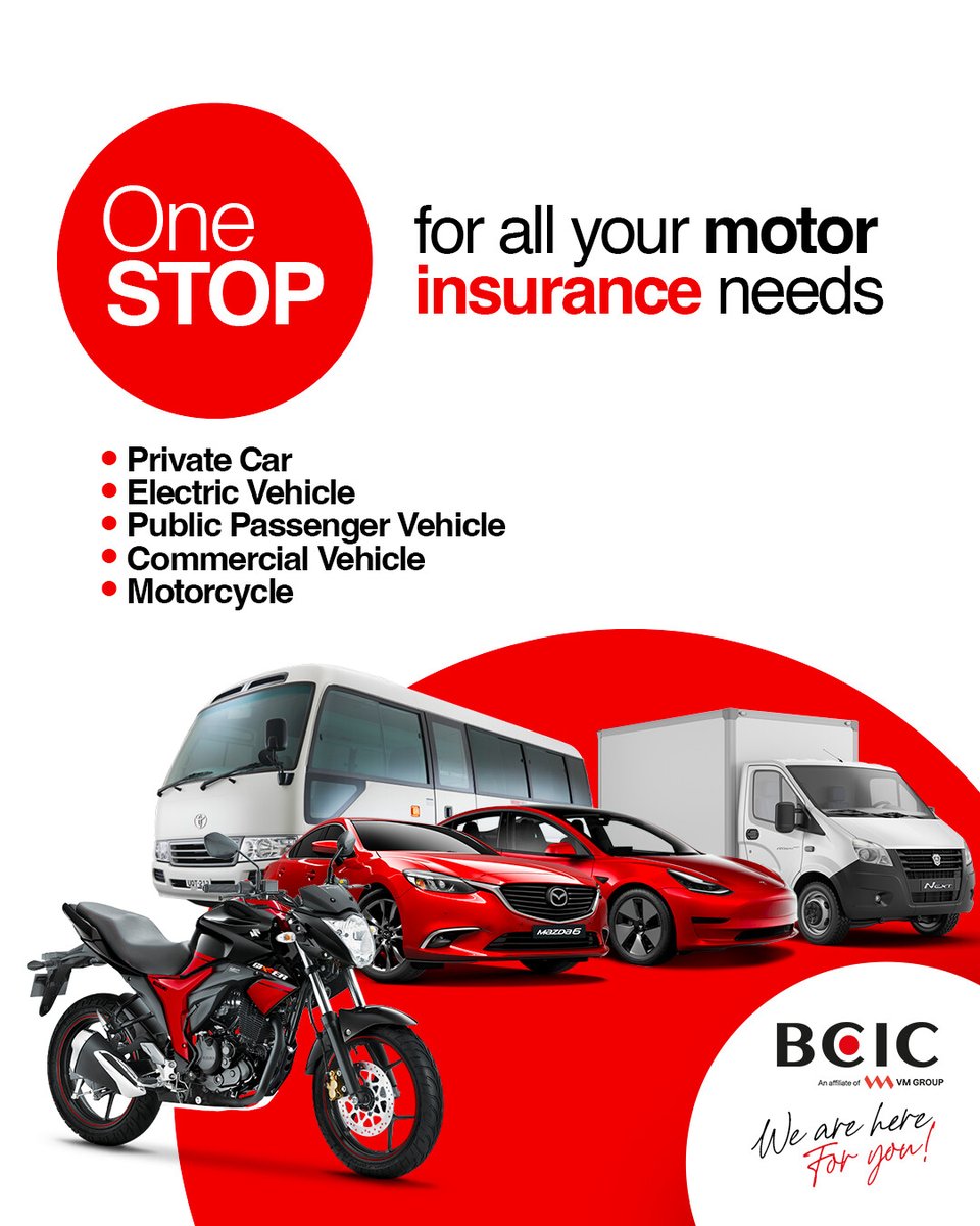 BCIC it's One Stop insurance for all your motor needs

- Private Car
- Electric Vehicle
- Public Passenger Vehicle
- Commercial Vehicle
- Motorcycle

Visit bciconline.com today
 and choose your motor insurance 

#bcic #insurance .