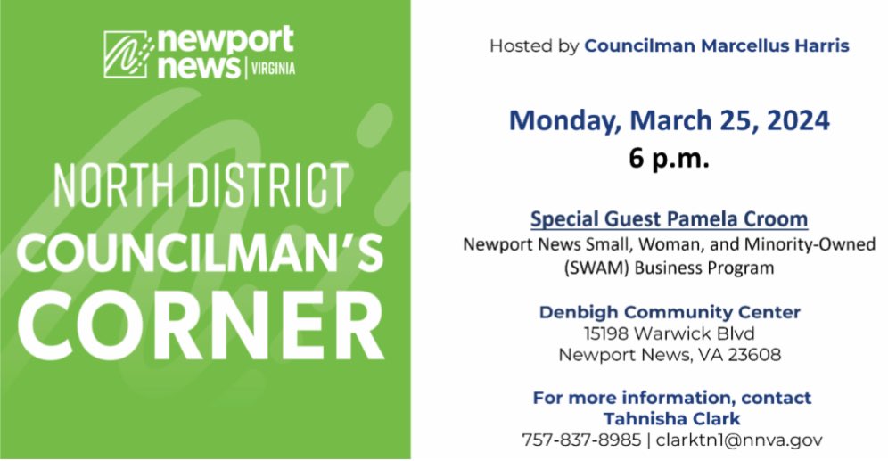 Join @MLHarrisIII this evening at Denbigh Community Center for his Councilman’s Corner event! See the graphic for more details. #newportnews