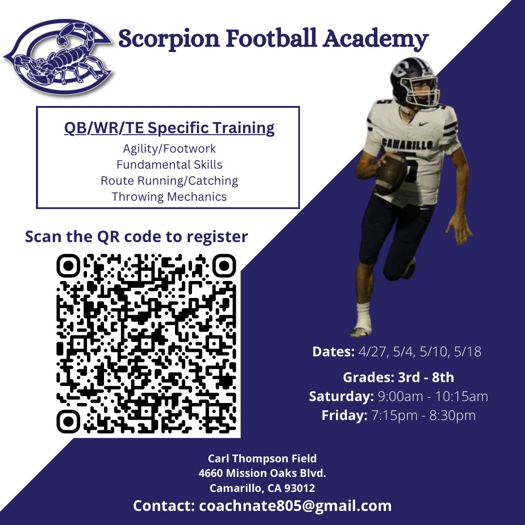Looking to take ur game to the next level! Come get coached up by the Scorpion FB staff! Training will focus on agility, footwork, fundamental skills @ each position, route running, & understanding of pass concepts based on defensive coverage! #youthacademy @ScorpAthleticBC