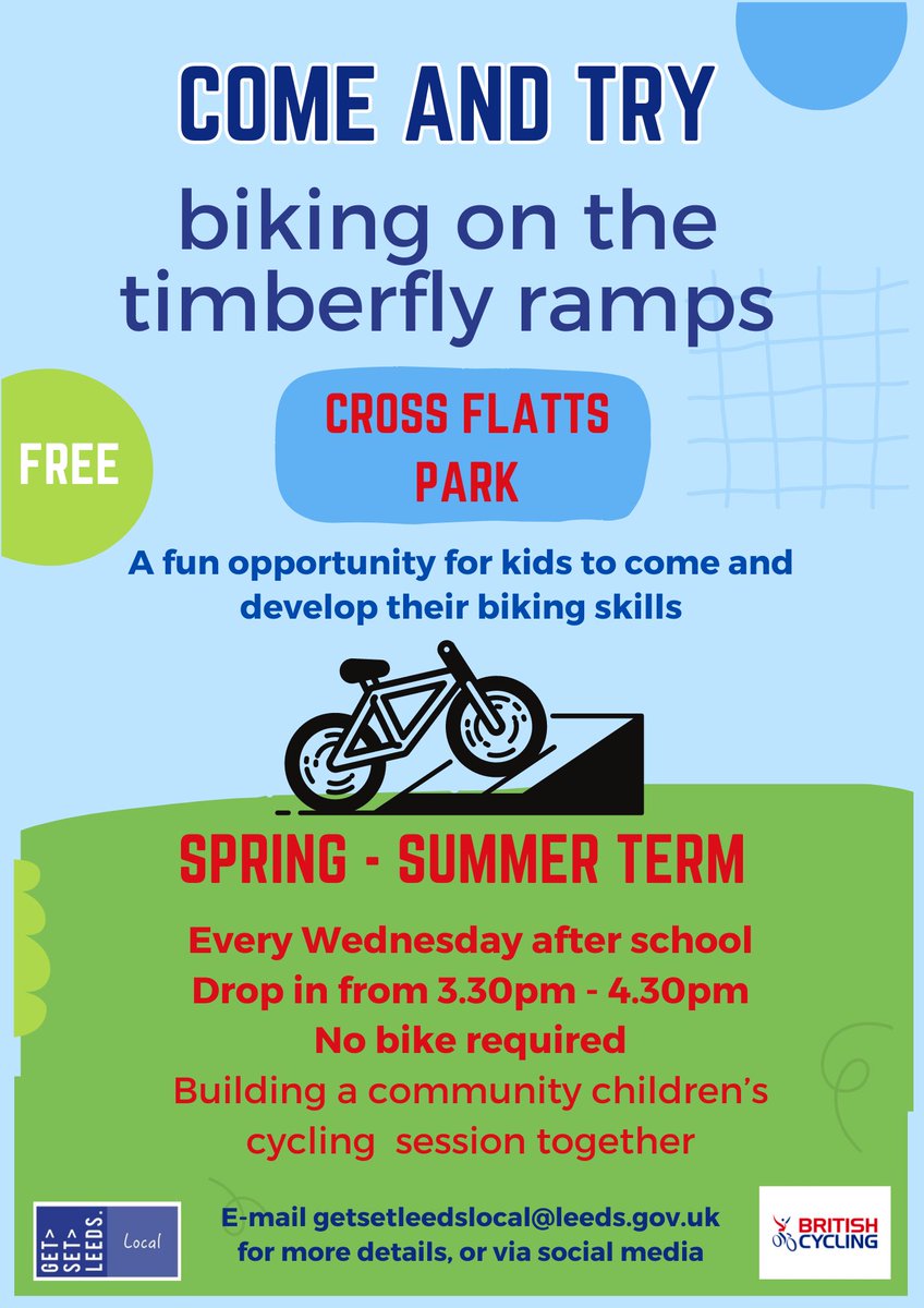 These drop in sessions for kids are back at Cross Flatts Park from Easter holidays. Andy from British Cycling will be there every Wednesday after school time with bikes, advice and guidance. From 4pm Easter holidays, 3.30pm from the new term time.