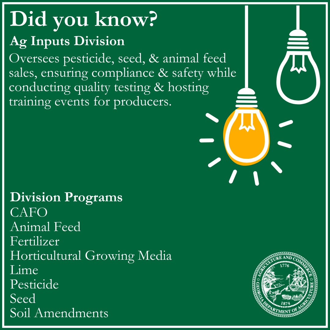 Dive into #agsafety with the Ag Inputs Division, a vital branch of GDA! They oversee sales of pesticides, seeds, & animal feed, ensuring quality & educating producers. Keeping our farms safe & sustainable! #GDA150 #agriculture #Georgia #pesticides #animalfeed #seeds #farming