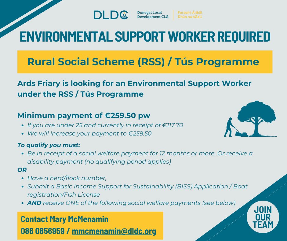 🌟 Join Ards Friary team 🌟 Environmental Support Worker position available under DLDC's RSS / Tús Programme. €259.50 pw, increased for under 25s. Check eligibility and contact Mary McMenamin: 📞 0868095344 📧 mmcmenamin@dldc.org. Make a difference in your #Community