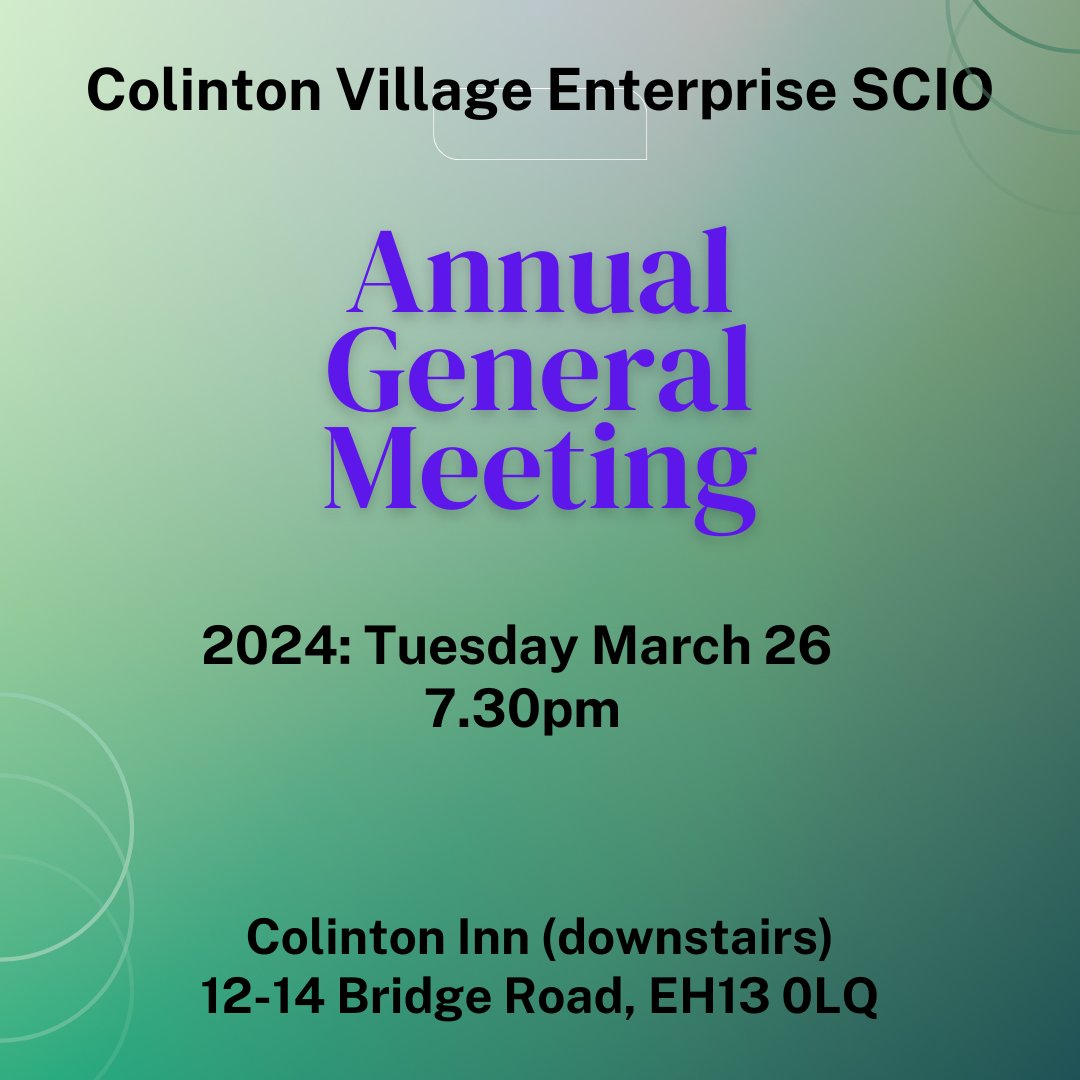 Join us Tuesday at 7.30pm downstairs at Colinton Inn, for our AGM. All welcome!