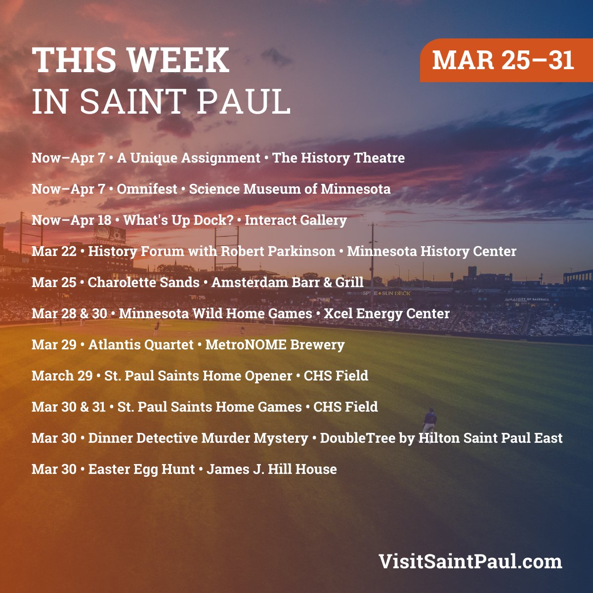 Dig into the exciting events happening in #MySaintPaul this week! ⚾💫 Keep up with the fun and subscribe to our Insider Newsletter for the latest on upcoming events, exclusive offers and more. 📩 » visitsaintpaul.com/plan-your-trip… #VisitSaintPaul #SaintPaul #StPaulMN #MNEvents