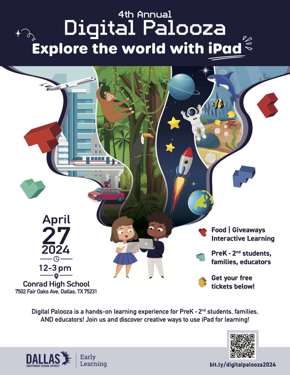 Our 4th annual #DigitalPalooza24 is on Saturday, April 27 from 12-3 PM! Join us and discover creative ways to use iPad for learning 🤩 PreK - 2nd families and educators welcome! Get FREE tickets at bit.ly/digitalpalooza… 🎟️ @ICanReadDallas @CrisJackson23 @MurilloDebbie1