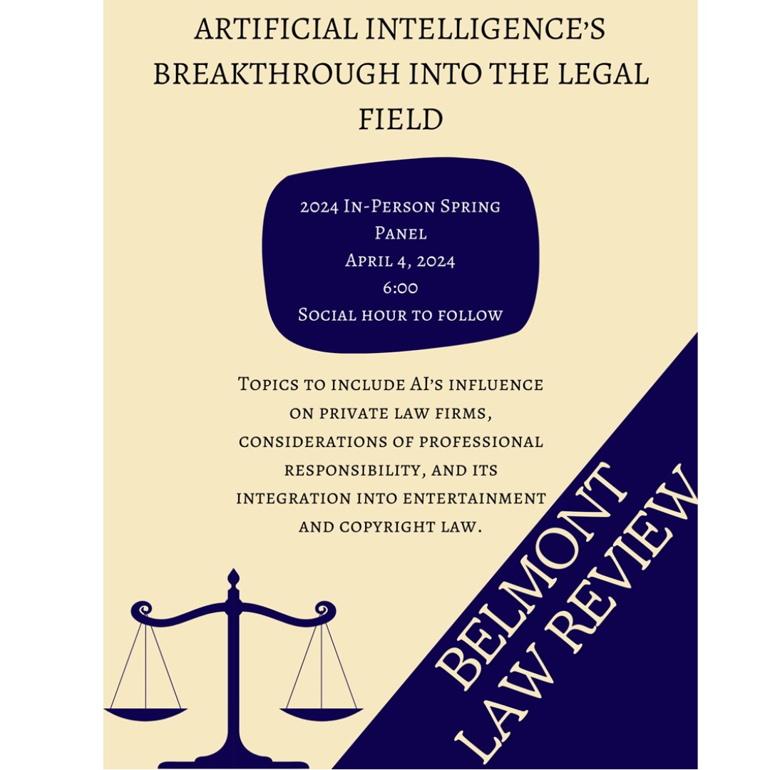 Belmont Law Review is hosting this spring event on Artificial Intelligence in the legal field! Receive CLE credit and join them April 4 by registering here: loom.ly/JpNRzpY
