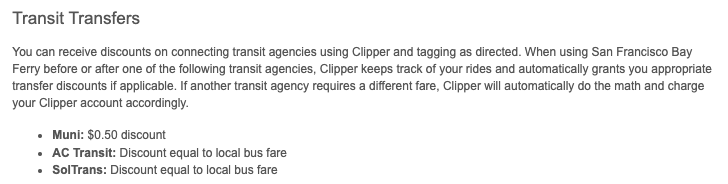 The Ferry is a Bay Area gem! You get a nice cruise to work with amazing views of the bay with free transfers to AC Transit and Soltrans and 50 cent discount to MUNI! sanfranciscobayferry.com/clipper-card-a…