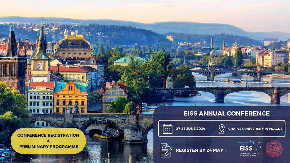 📣#EISS2024 l The preliminary
programme for the 7th EISS Annual Conference is out! 👉 eiss-europa.com/2024.html 🚨 Don’t forget to register by 24 May: indico.eiss-europa.com/event/15/regis… 

We can’t wait to see you in Prague! #EISS #securitystudies #conference #AcademicTwitter
