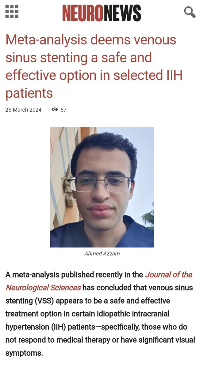 Great to see our article about venous sinus stenting for Idiopathic Intracranial Hypertension featured by NeuroNews! You can read our highlights for our paper in NeuroNews: neuronewsinternational.com/meta-analysis-…