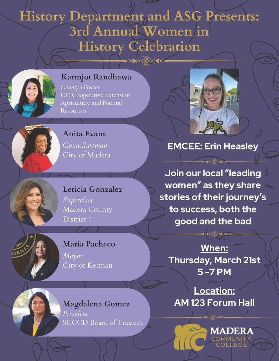 It was a privilege to hear and be inspired by the stories of these five strong women—including my colleague, @SCCCD Board President Gomez—at the @MaderaCCC Women in History Celebration. Thanks to MCC History Dept. and ASG for hosting and Erin Heasley for emceeing the great event.