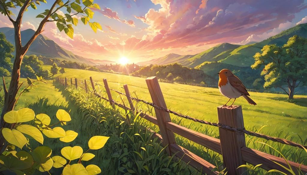 Spring

#landscape #sunset  #eveninglight #goldenhour #valley #countryside #robin #robinredbreast #celshading #cartoon #peaceful #serenity #aiartcommunity #aiart