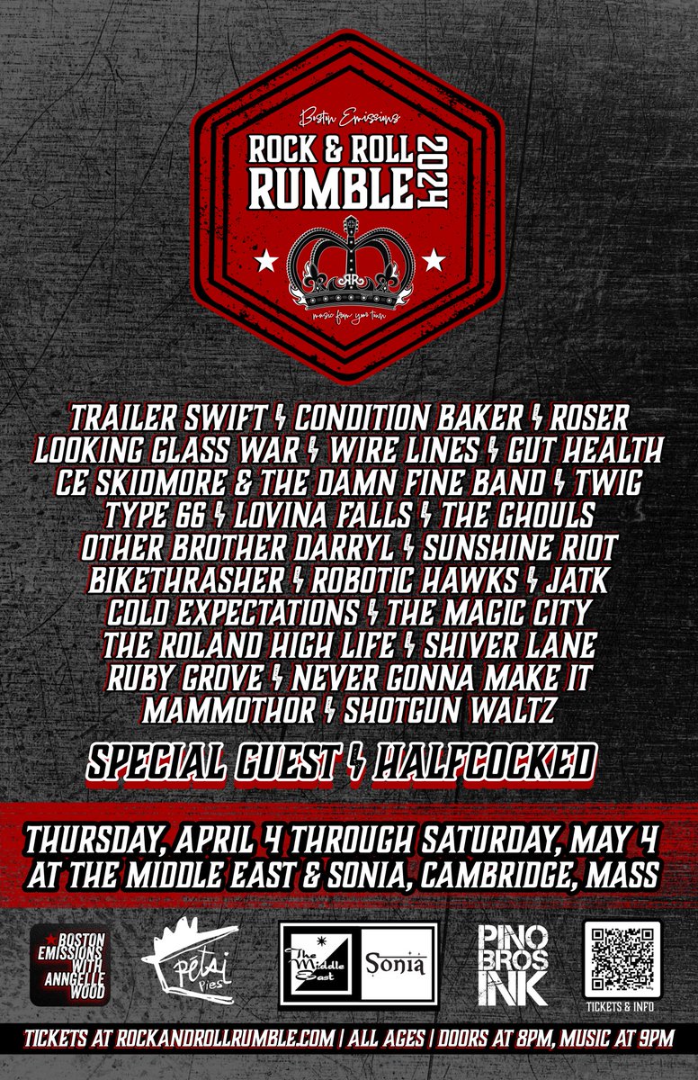 Official <a href="/bostonemissions/">Boston Emissions</a> <a href="/rocknrollrumble/">Rock & Roll Rumble</a> 2024 poster! 💗Local sponsorship from @petsipies + <a href="/PinoBrosInk/">Pino Bros Ink</a> (official sponsor of the #RumbleBooth) at the <a href="/MidEastClub/">Middle East Restaurant & Nightclub</a>, <a href="/soniamideast/">Sonia</a> 
Prelims begin Thurs, 4/4 
🎟️ bit.ly/rumble2024tick…
#RUMBLE2014 #Cambridge #musicfromyourtown