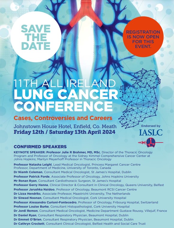 #AILCC24 All Ireland Lung Cancer Conference 📅12-13 April 2024 📍Johnstown Estate Join us for 2 days of all things thoracic oncology, featuring international & national leaders Registration open! In-person: forms.gle/6JkfpPMkCiP3H2… Virtual: forms.gle/MfmUGyHQH5LrRt… @IASLC #LCSM