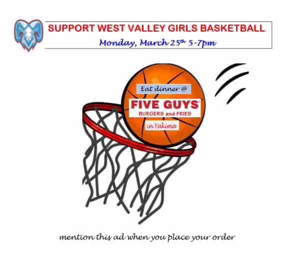 WVGIRLSBASKETB1's tweet photo. Eat at 5 Guys tonight in Yakima and support West Valley Gurls Basketball! You know you want to! See you there! https://t.co/w75T0bWujd
