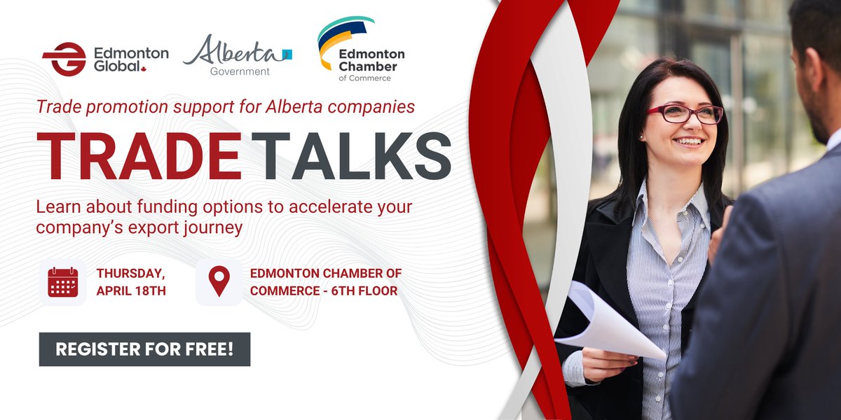 🌍 Ready to take your business global? Join us alongside @YourAlberta and @EdmontonChamber for Trade Talks. Discover trade financing options, learn about support resources, and network with the local trade community. 🤝💰 Registration: ow.ly/KHWZ50R1lhe