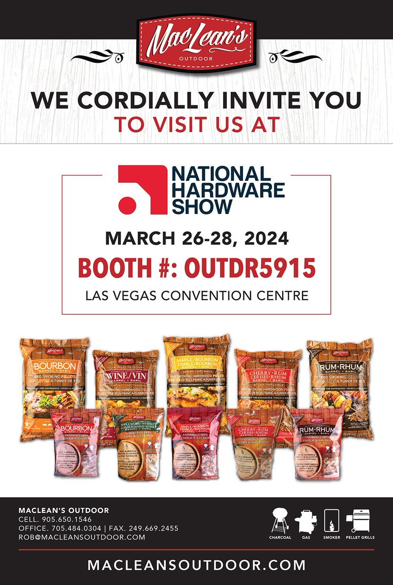MacleanOutdoor's tweet photo. Head over to the MacLean’s Booth #5915 Outdoors and get a Sneak Peek at our new Products for 2024 and see the rest of our outstanding Innovative Smoking woods and Pellets,  Come Choose your Booze, and Grab Some “Mac”
#ChooseYourBooze #MacleansOutdoor #NationalHardwareShow2024 https://t.co/7ACM3nePiF
