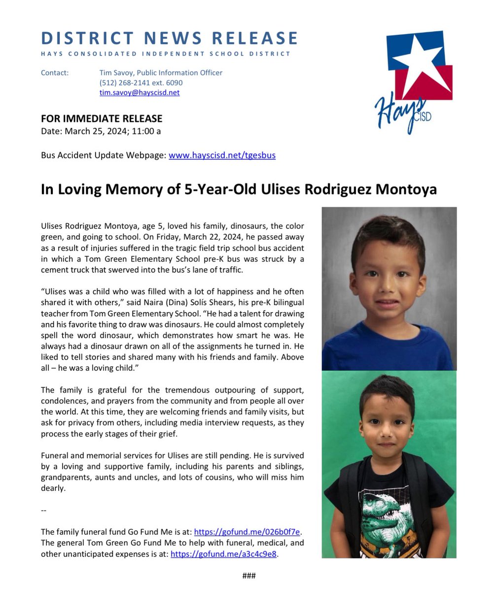 Truly heartbreaking. Ulises Rodriguez Montoya, 5, has been identified as the child killed when a Hays County bus crashed Friday. “Ulises was a child who was filled with a lot of happiness and he often shared it with others,” his teacher said.