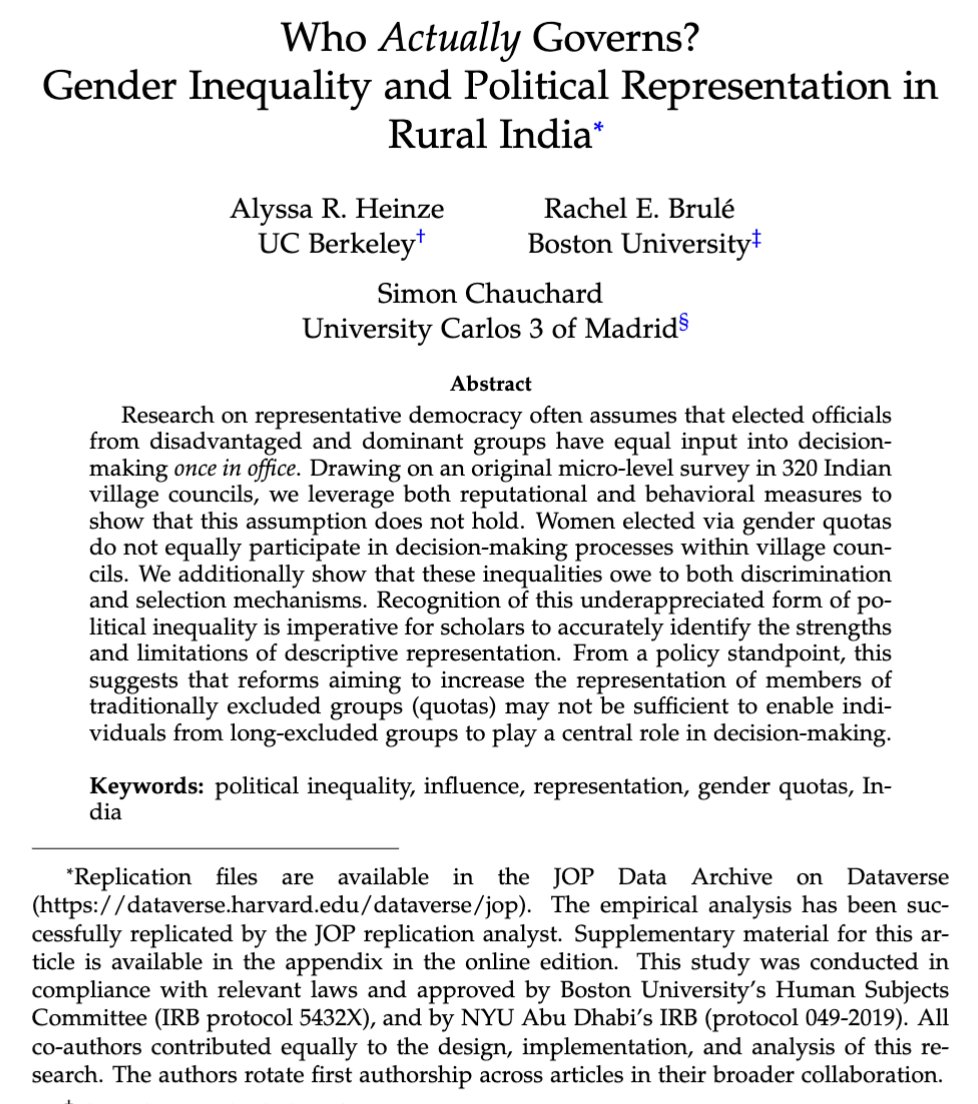 🚨 forthcoming @The_JOP: super excited that the 1st paper on project with @AlyssaRHeinze & @BruleRachel is now accepted. We show that inequality does not stop at the gate of political office: Indian women face large inequalities in voice & centrality AFTER they reach office 1/n