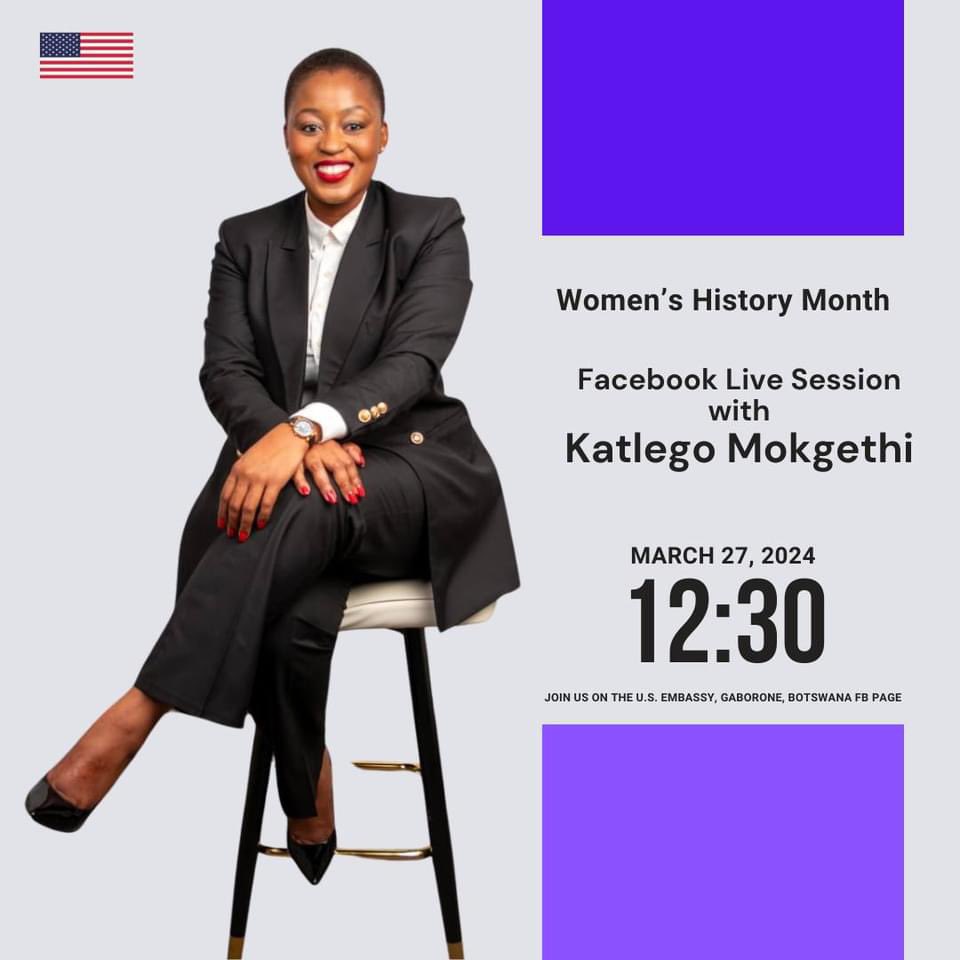 Let’s discuss the #entrepreneurship landscape in #Botswana, #Youth and #Women empowerment and @USEmbassyBW Programs on #FacebookLive this Wednesday March 27, at 12:30PM (CAT)🇧🇼🇺🇸🌍

#WomensHistoryMonth 
#YoungAfricanLeaders
#USExchangeAlumni
#YALI #AWE #ECA