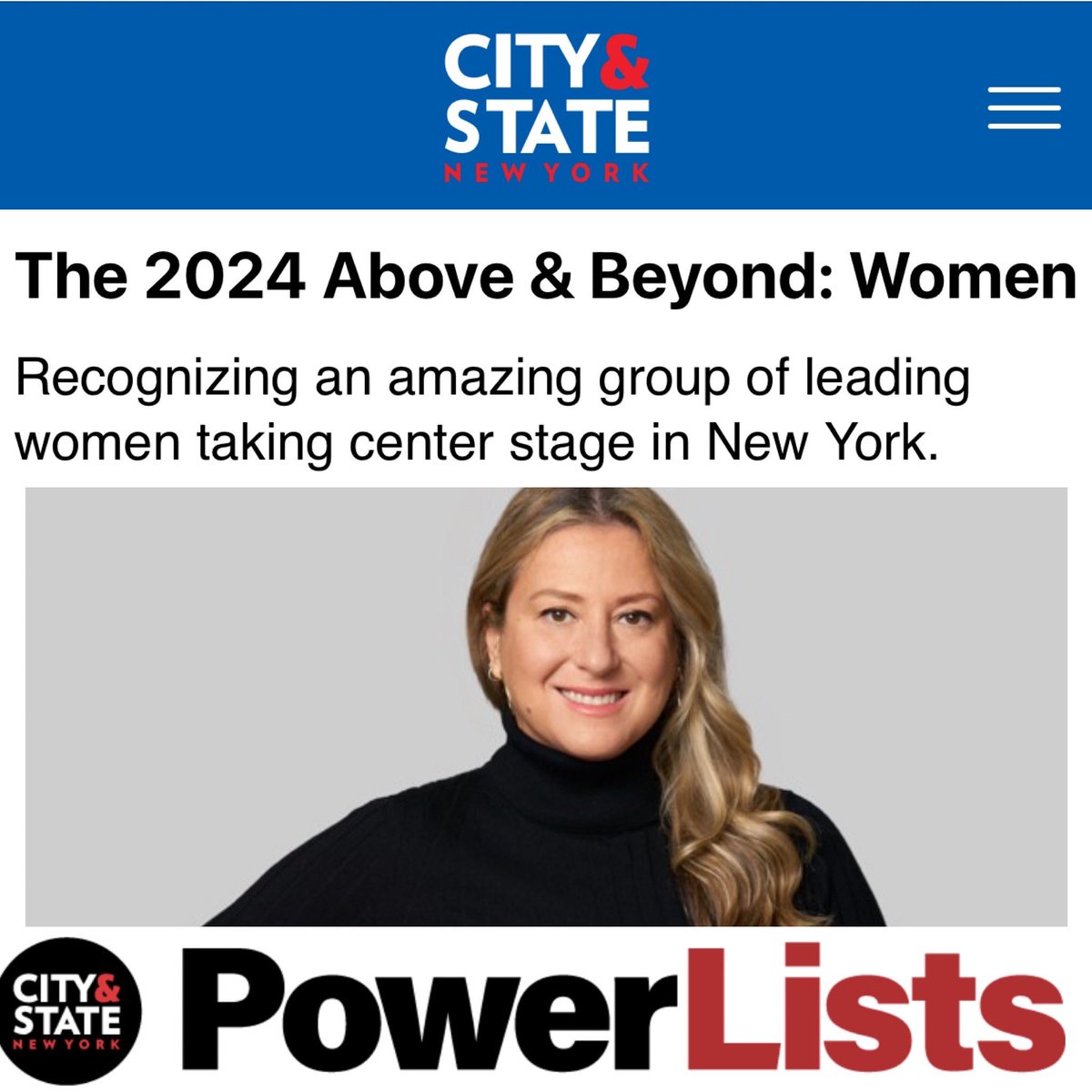 Extremely grateful @cityandstateny for including me on their 2024 Above &amp; Beyond Power List: Recognizing an amazing group of leading women taking center stage in New York. What an honor. Thank you❣️