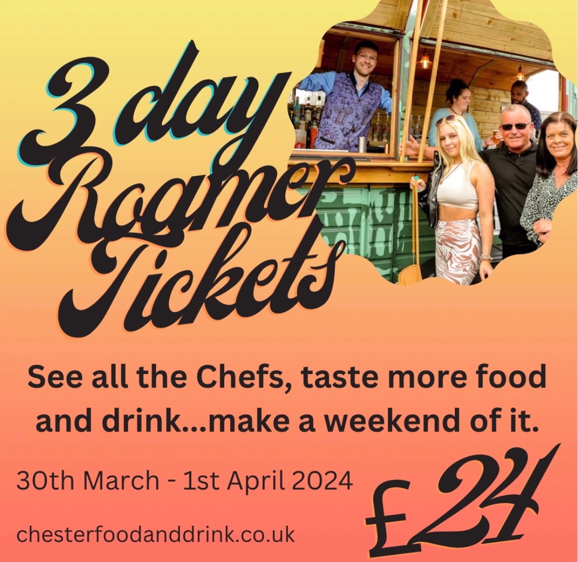 Get ready for 3 days of fun at Chester racecourse with 150+ exhibitors, celebrity &amp; local chefs, and free cooking classes for adults &amp; kids!
With so much to explore, taste, and enjoy, you won't want to miss out. tickets available now, including our convenient 3-day roamer option!