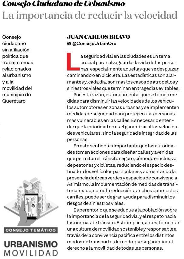 Más que procurar trayectos rápidos o tiempos de viaje cortos, las ciudades deben garantizar certeza, seguridad y sostenibilidad de la movilidad urbana para todos por igual. 

Les invitamos a leer por qué en nuestra columna del sábado en el <a href="/ADQueretaro/">AD Querétaro</a> 👇

aldialogo.mx/opinion/2024/0…