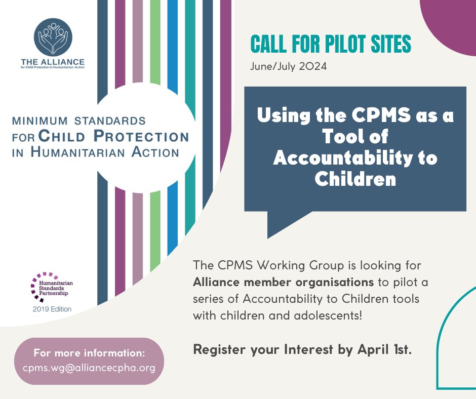 🌟Call for Pilot Sites🌟 The CPMS Working Group is seeking Alliance members to #pilot new tools designed to enhance our #accountability to children affected by emergencies. Interested? Learn more and register by April 1 ➡️ alliancecpha.org/en/news/call-p…