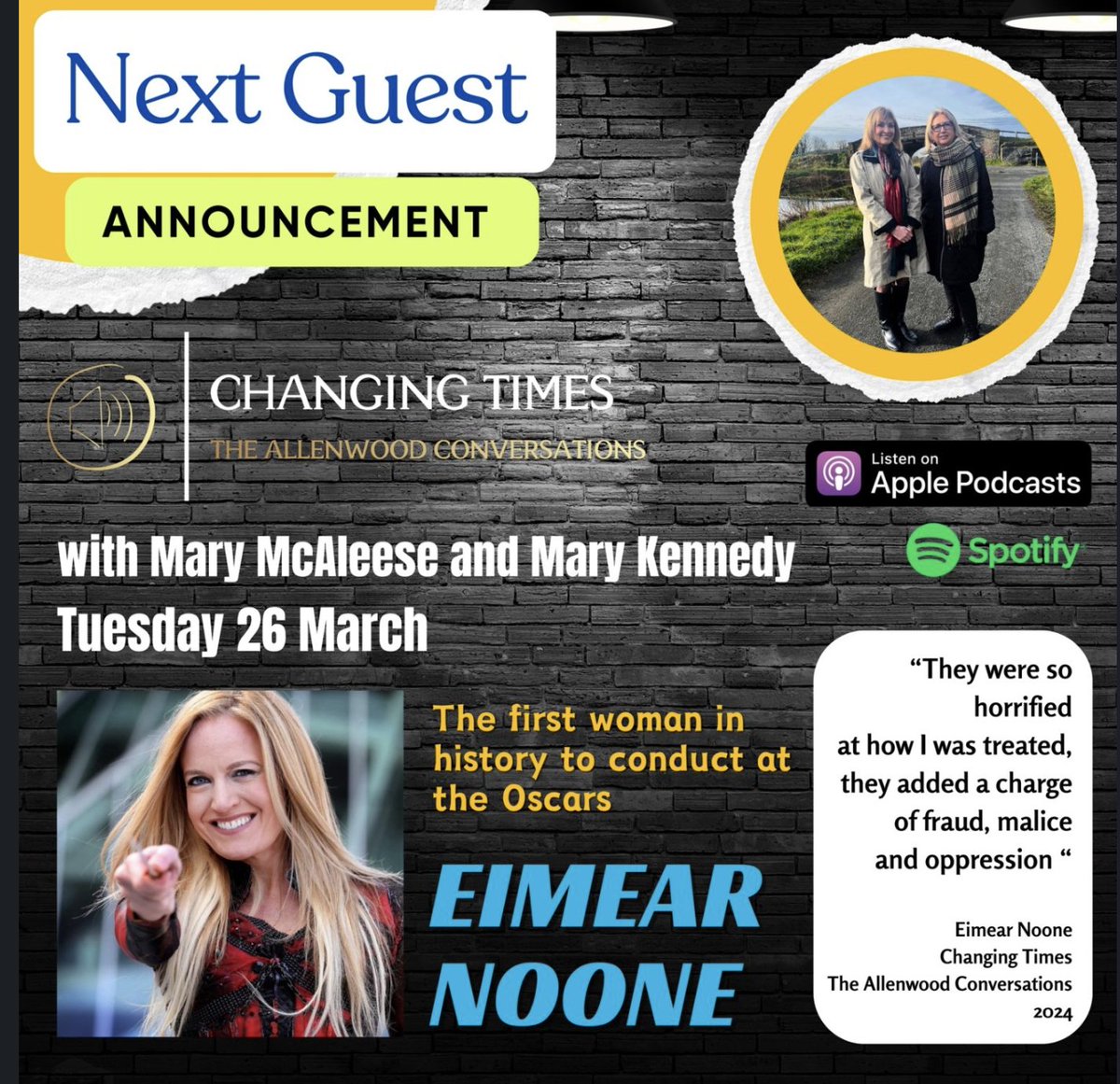 Broadcasting tomorrow on @ApplePodcasts + @Spotify A deep-dive on all things life w/ two-term former Irish President, icon, lawyer, Mary McAleese + legendary broadcaster Mary Kennedy. This was a really memorable day for me: 'Changing Times: the Allenwood Conversations'