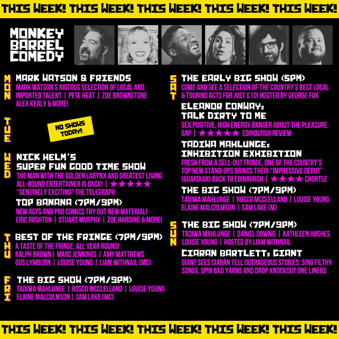 ✨ THIS WEEK ✨ We have sixteen excellent shows to choose from! We spoil you… @watsoncomedian & Friends @TheNickHelm @EleanorConway @tadiwamahlunge @Twanky1986 & many more! 🎟️ monkeybarrelcomedy.com