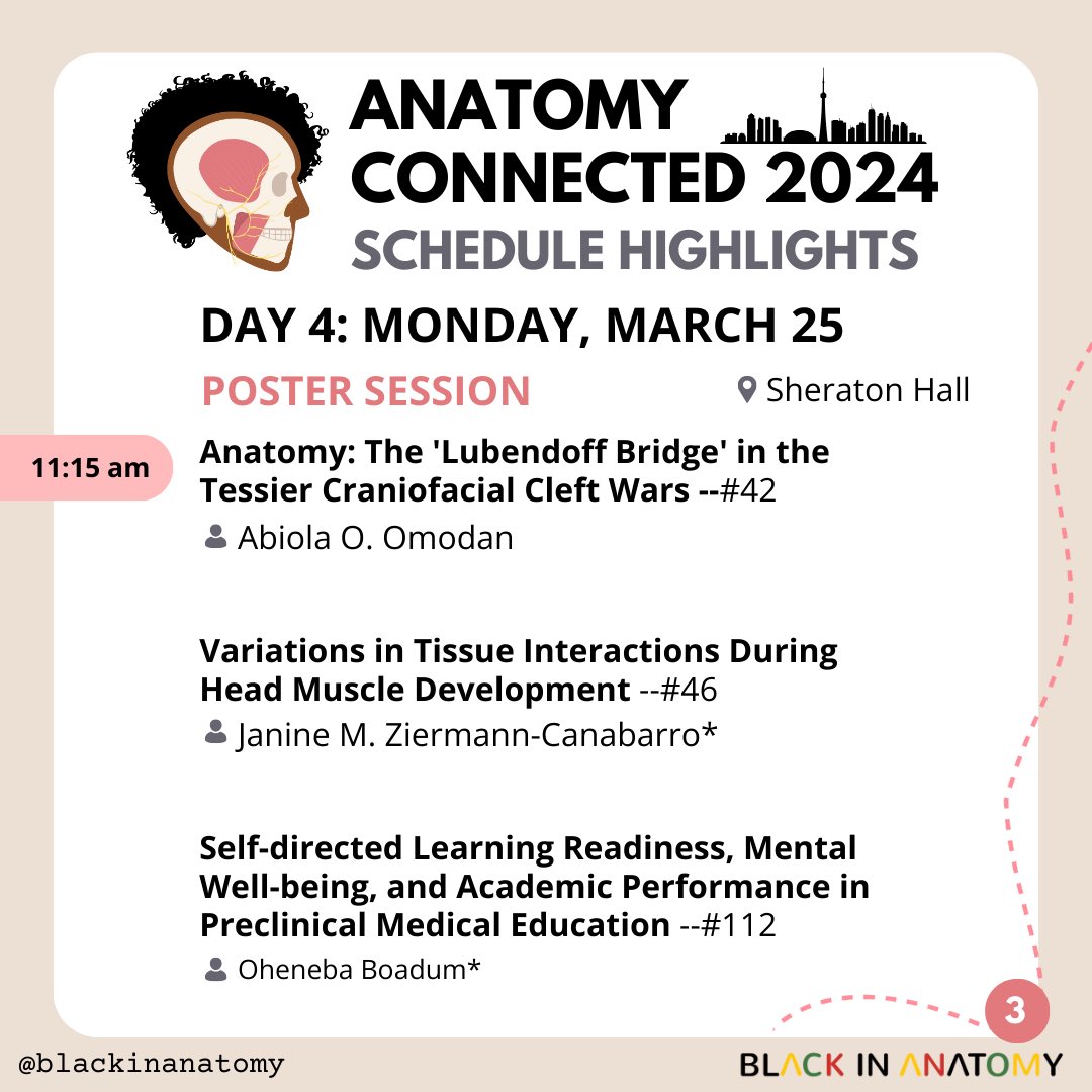 #BlackinAnat Schedule Highlights for Day 4, Monday, March 25: Don't miss the grand finale of #Anatomy24. Dive into developmental biology, educational platform sessions, poster sessions and the Closing Awards Ceremony. See you there! #AnatomyConnected24