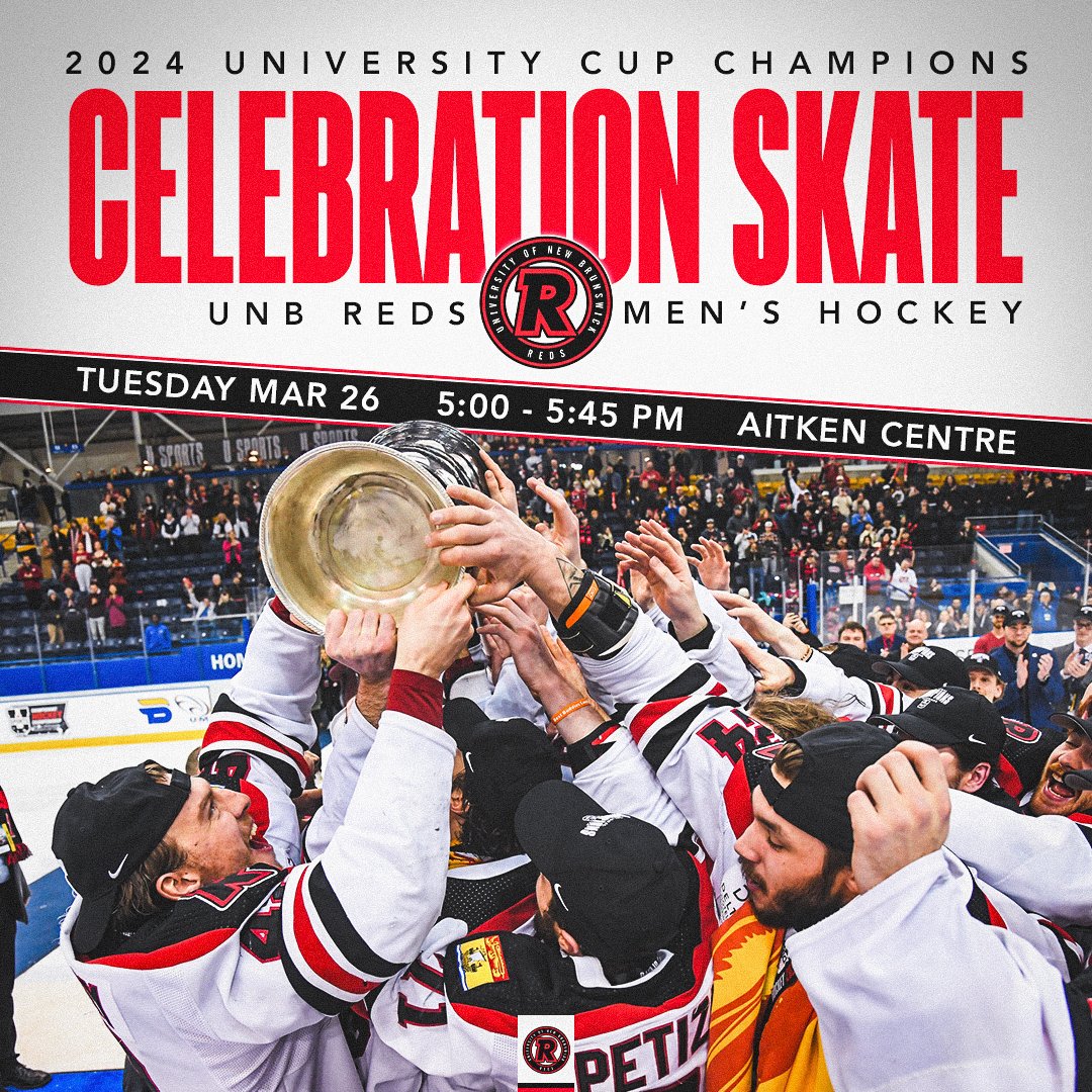 CELEBRATION SKATE WITH THE REDS! Join @unbmhockey tomorrow to celebrate their perfect season and another national championship 🏆 🗓️ Tuesday, March 26 ⏰ 5:00 - 5:45 pm 📍 Aitken Centre ⛸️ Bring your own skates and helmets #goredsgo