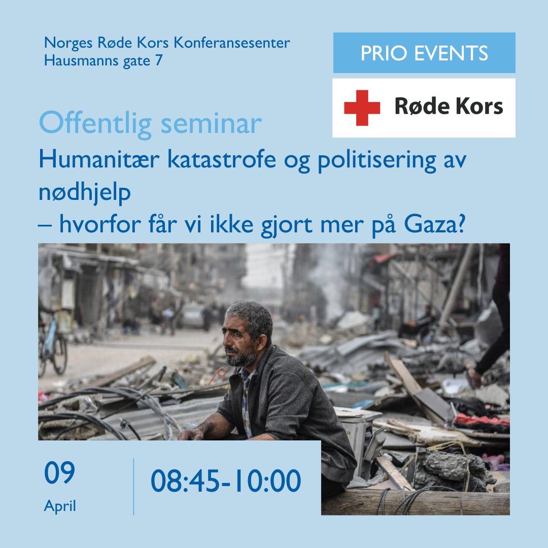 Norges Røde Kors og PRIO inviterer til humanitært forum i anledning situasjonen på Gazastripen. Hva er de største utfordringene med å få inn nødhjelp? Hvorfor politiseres nødhjelpstilgangen til Gaza? Les mer på: prio.org/events/9128 Påmelding: ow.ly/iGPm50R0ZrG