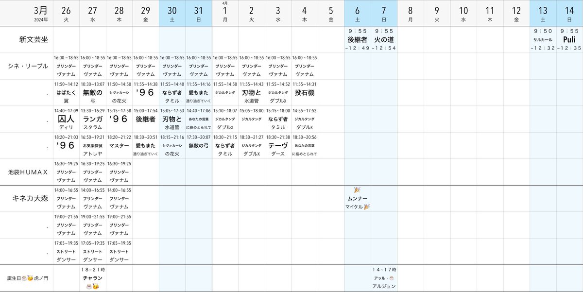 スケジュール🗓️東京圏
・キネカ大森のインド映画は3/28(木)まで
　(ブリンダーヴァナムとストリートダンサー)
・池袋HUMAXのブリンダーヴァナムは発表前

今週はシネ・リーブル池袋に集中。
4月は一息つけそうかな？