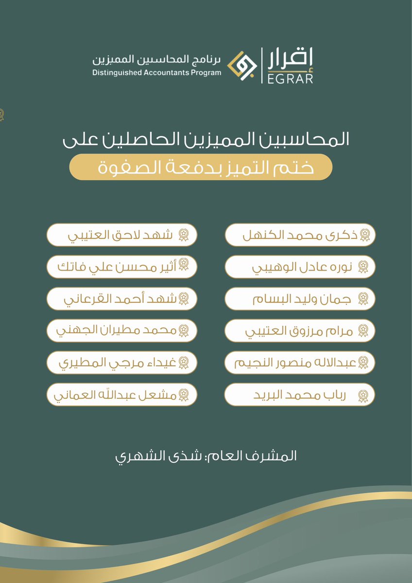 "سعيتُم ثم نِلتم آلاءً وأفراحا طوبى لكم
 وطابت أيامَكمُ مصاحبةً للتوفيقِ والسعدِ"

أبارك لكم تميزكم يا مميزين دفعة الصفوة🎖️

#دفعة_الصفوة
#برنامج_المحاسبين_المميزين