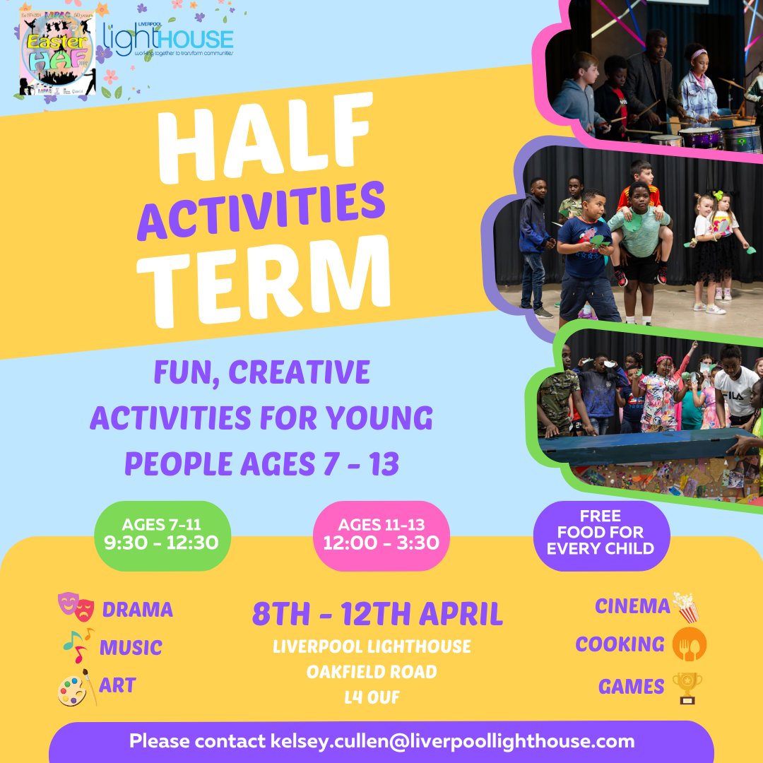 Half-Term Activities For 7 - 13-year-olds. 🗓️8 - 12th April Time varies according to age: Ages 7 - 11 start at 9:30am - 12:20pm Ages 11 - 13 start at 12pm - 3:30pm Free food will be provided. To register contact us through the email below: kelsey.cullen@liverpoollighthpuse.com
