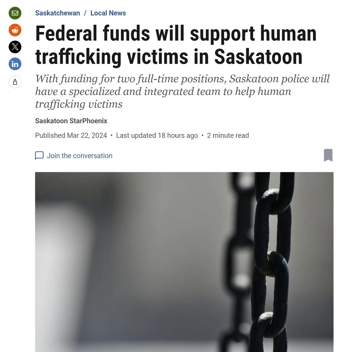 Buried in the news this past week: Feds help fund positions to enhance the detection, investigation and prosecution of human trafficking incidents in both #yxe and throughout #Saskatchewan A worthy cause on an issue that gets little exposure in the province. #skpoli