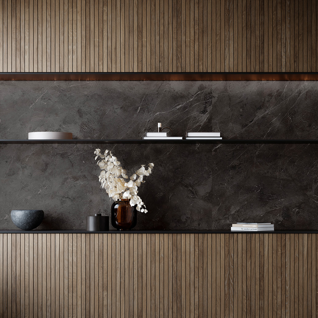 Inspired by the natural beauty of marble, the rich, dark tones of Inalco MDi Umbra Marron are offset by a lighter fleck running throughout the surface, while its textured finish is wonderfully tactile. . #wallcladding #interiordesign #interiors