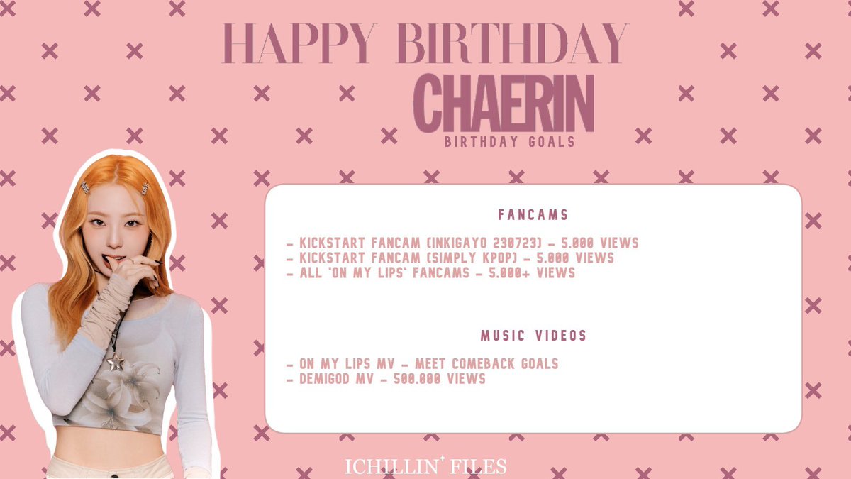 [BIRTHDAY GOALS]

Just under a week until CHAERIN's birthday! Don't forget to participate in our streaming goals for her birthday!

–– Our current goal for OML MV is 1M on Youtube! DEMIGOD has already reached 500K

#CHAERIN #채린
#ICHILLIN #아이칠린
<a href="/ichillin_km/">ICHILLIN' OFFICIAL</a> <a href="/I_m_chillin/">ICHILLIN'</a>