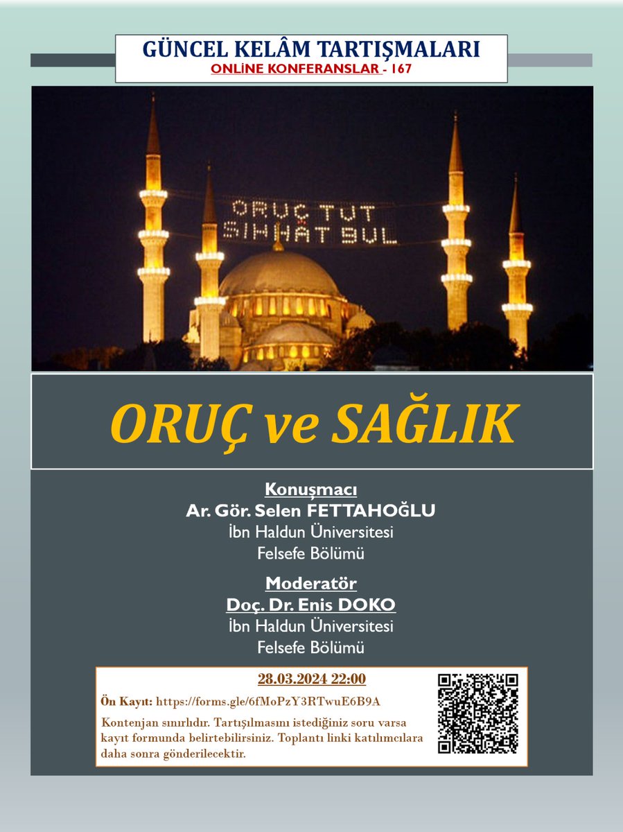 Güncel Kelam Tartışmaları-167: ORUÇ ve SAĞLIK Konuşmacı: @selenfettahoglu Moderatör: @enis_doko 28.03.2024; 22:00 Ön Kayıt:forms.gle/6fMoPzY3RTwuE6… Youtube Kanalını Takip: m.youtube.com/@guncelkelam