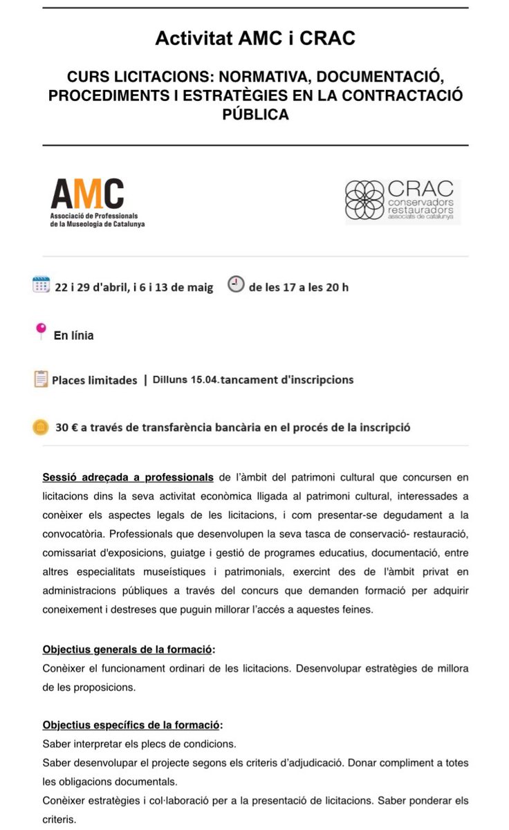 Activitat AMC i @ConsRestACat CURS LICITACIONS: normativa, documentació, procediments i estratègies en la contractació pública 🗓️ 22 i 29 d’abril, i 6 i 13 de maig ⏰ 17:00 a 20:00h 📌 en línia 📋 places limitades 💵 30€ 👩🏽‍🏫Cristina Calvet Gómez museologia.cat/activitat/curs…