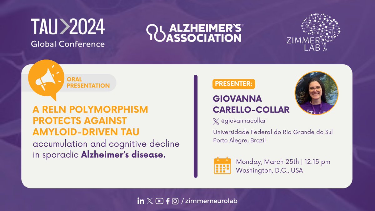 The @zimmerneurolab is in Washington, D.C.🇺🇸 to participate in the @alzassociation #Tau2024. Do not miss @giovannacollar oral presentation! 👇