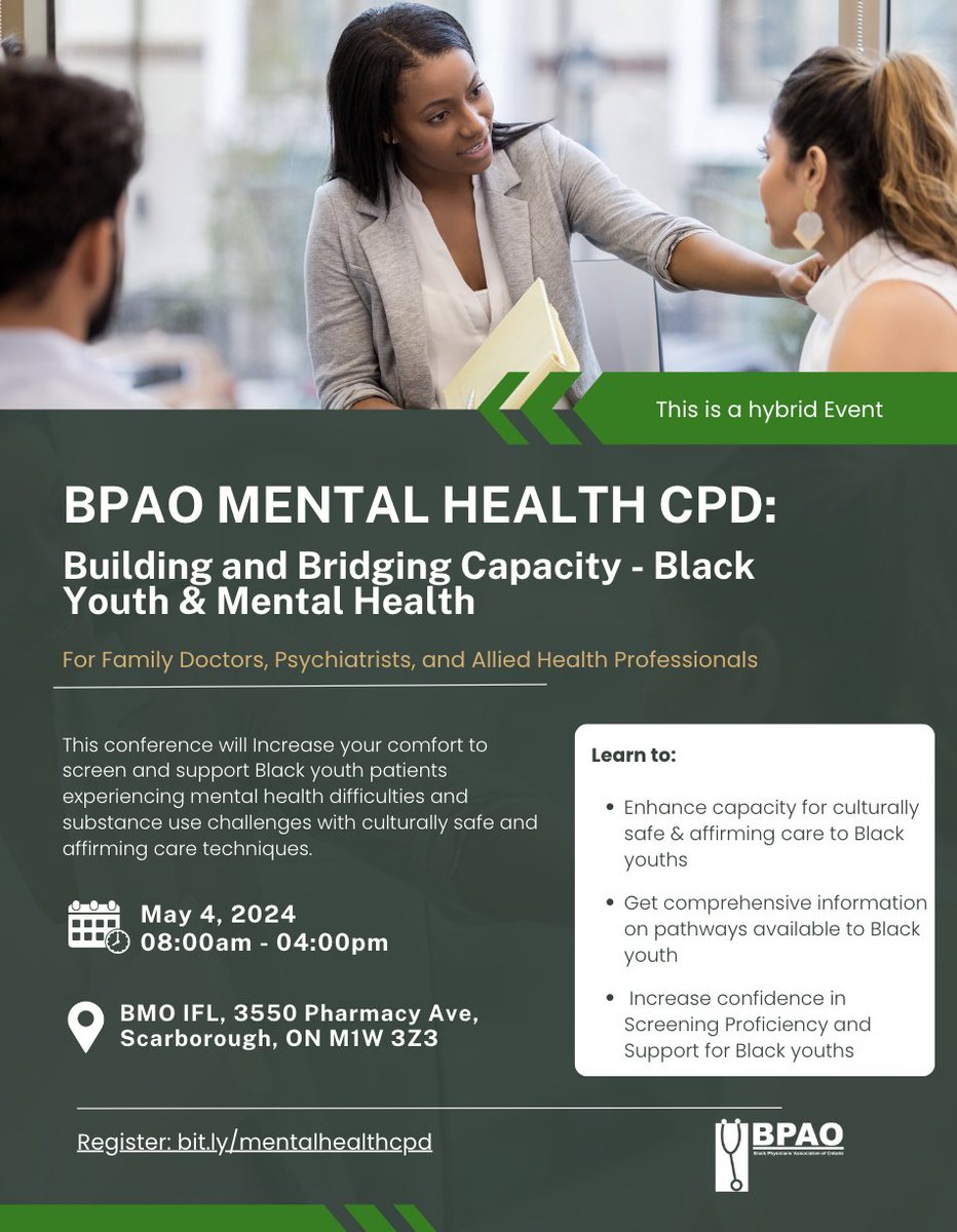 Join us on May 4, to learn how to enhance your capacity for culturally safe & affirming care to Black youths experiencing mental health difficulties & substance use challenges. 📍 BMO IFL 🕒 8 am - 4 pm Register: bpao.glueup.com/event/103881/h… For Doctors & Allied Health Professionals