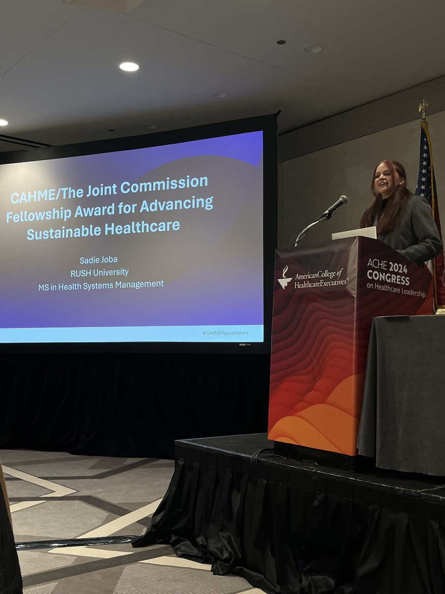 Congratulations Sadie Joba from @RushUHealthSci Health Systems Management Graduate Program on being named the first ever recipient of the CAHME/the Joint Commission Fellowship Award for Advancing Sustainable Healthcare. Congratulations, Sadie! #CAHMERippleMakers